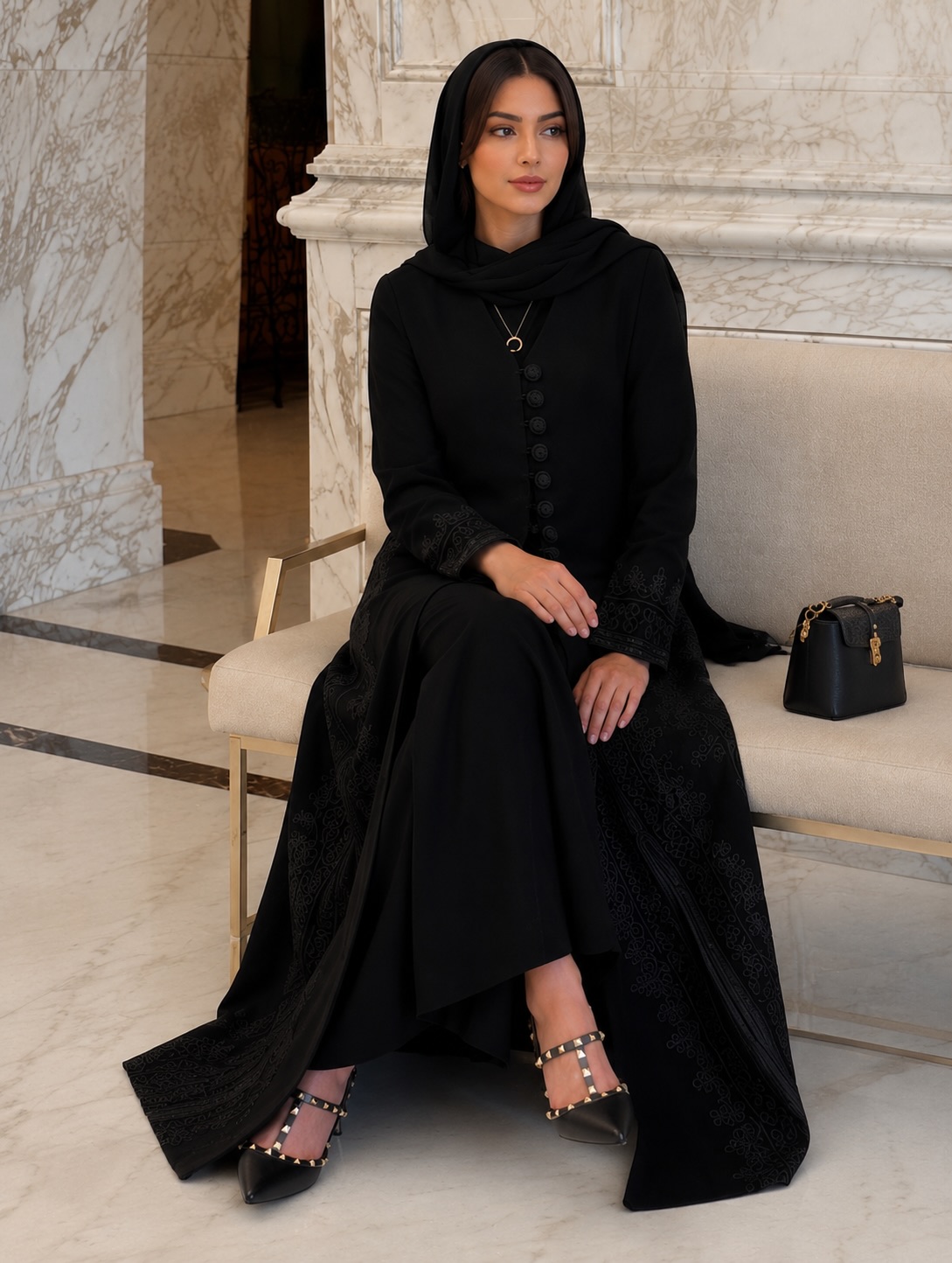 عباية سوداء بأزرار وتطريز هادئ